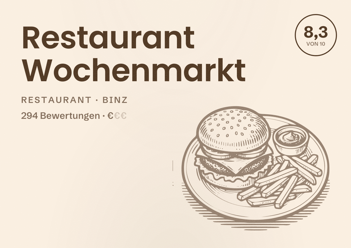 Illustriertes Poster von Restaurant Wochenmarkt, Restaurant in Binz: Bewertung 8,3 von 10 aus 294 Bewertungen, Preisniveau €