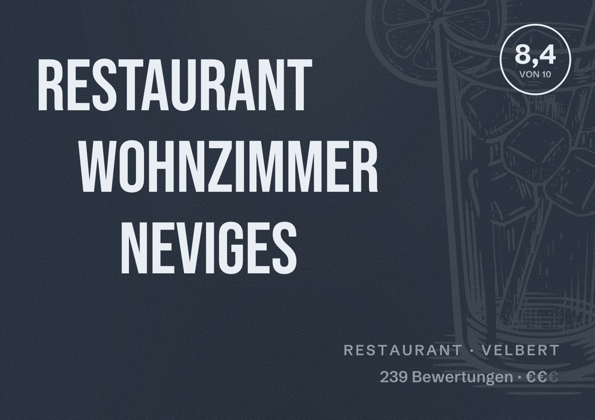 Illustriertes Poster von Restaurant Wohnzimmer Neviges, Restaurant in Velbert: Bewertung 8,4 von 10 aus 239 Bewertungen, Preisniveau €€