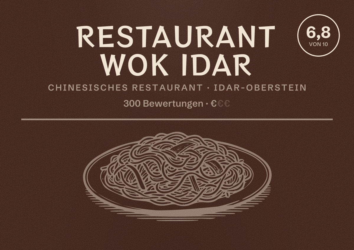 Illustriertes Poster von Restaurant WOK Idar, Chinesisches Restaurant in Idar-Oberstein: Bewertung 6,8 von 10 aus 300 Bewertungen, Preisniveau €