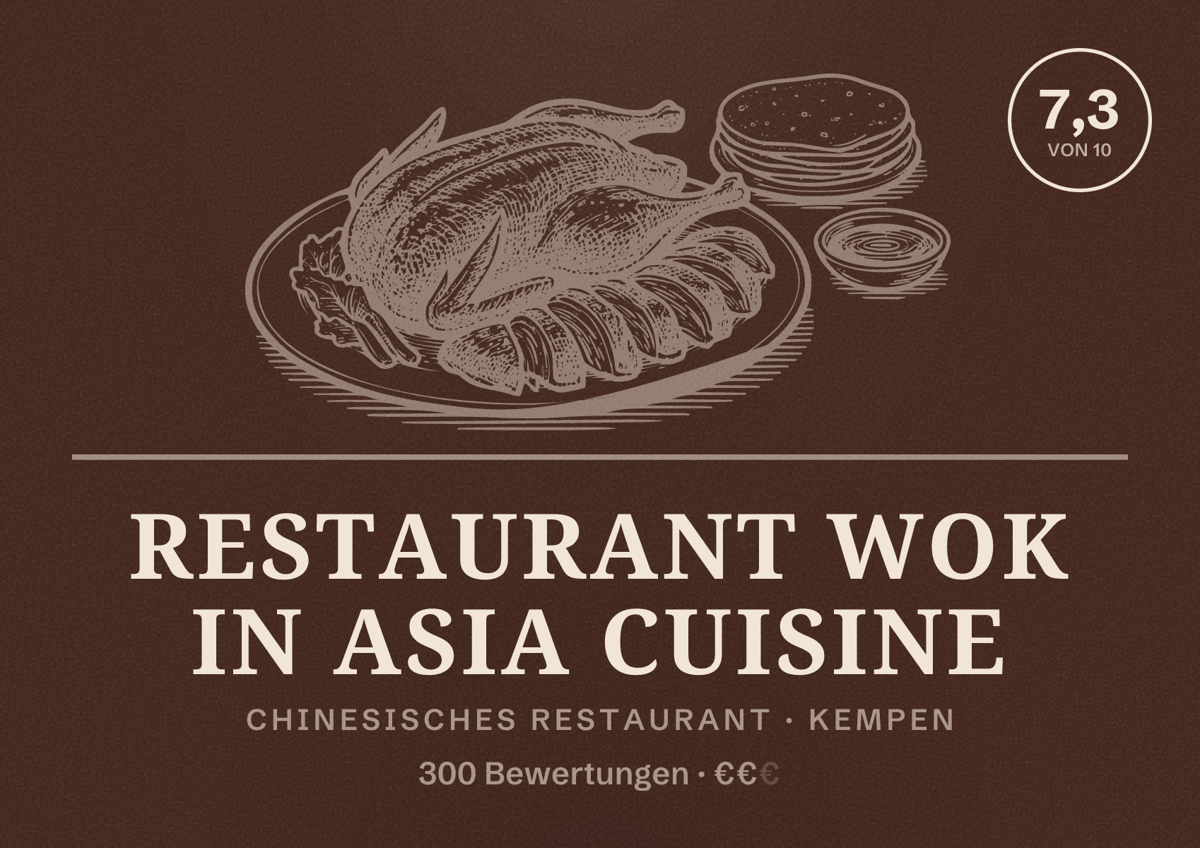 Illustriertes Poster von Restaurant Wok In Asia Cuisine, Chinesisches Restaurant in Kempen: Bewertung 7,3 von 10 aus 300 Bewertungen, Preisniveau €€