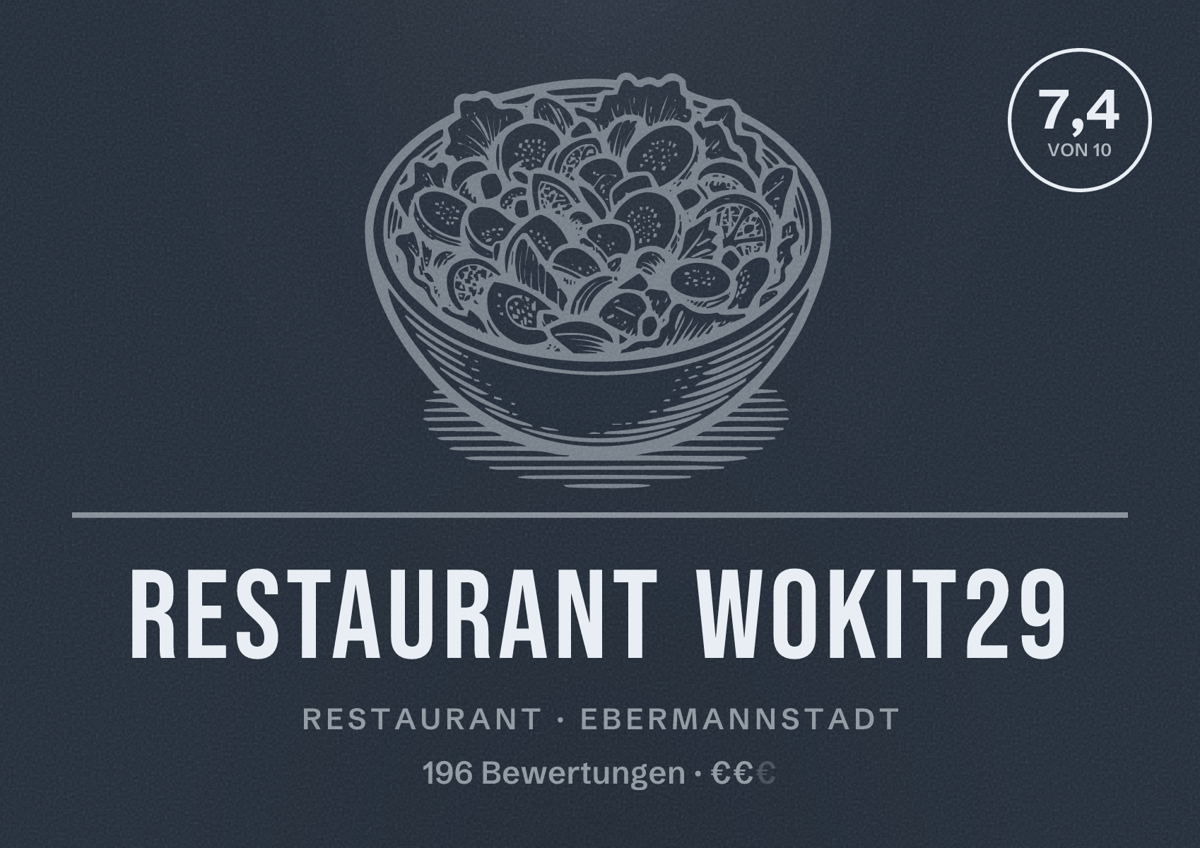 Illustriertes Poster von Restaurant wokit29, Restaurant in Ebermannstadt: Bewertung 7,4 von 10 aus 196 Bewertungen, Preisniveau €€