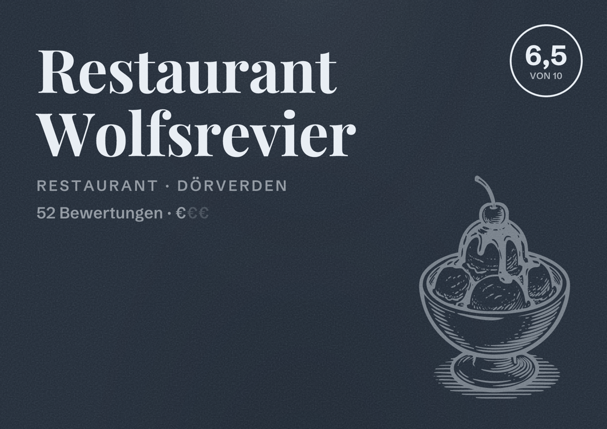 Illustriertes Poster von Restaurant Wolfsrevier, Restaurant in Dörverden: Bewertung 6,5 von 10 aus 52 Bewertungen, Preisniveau €