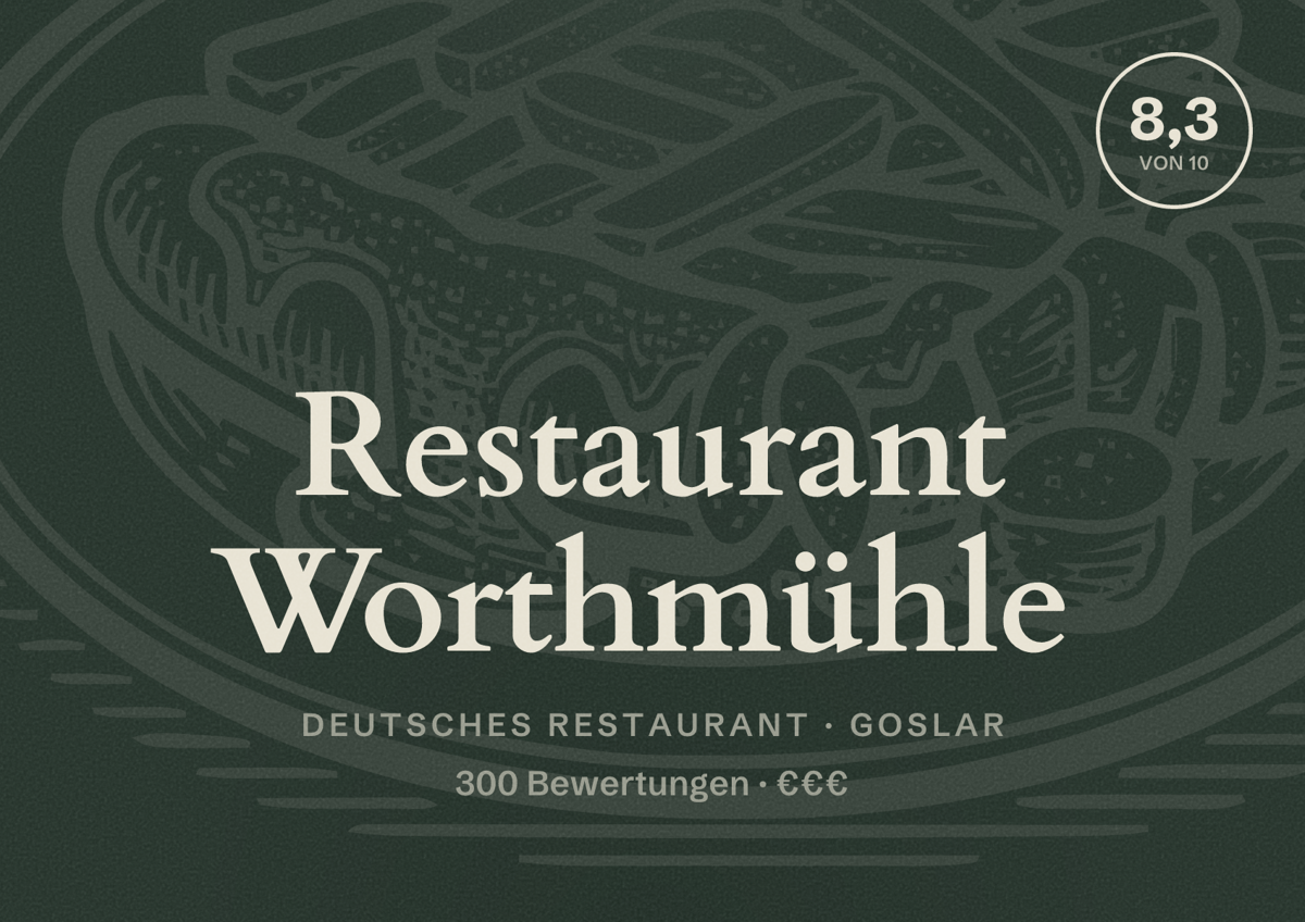 Illustriertes Poster von Restaurant Worthmühle, Deutsches Restaurant in Goslar: Bewertung 8,3 von 10 aus 300 Bewertungen, Preisniveau €€€