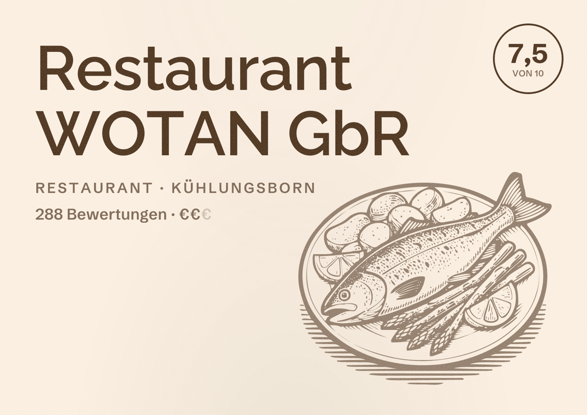 Illustriertes Poster von Restaurant WOTAN GbR, Restaurant in Kühlungsborn: Bewertung 7,5 von 10 aus 288 Bewertungen, Preisniveau €€