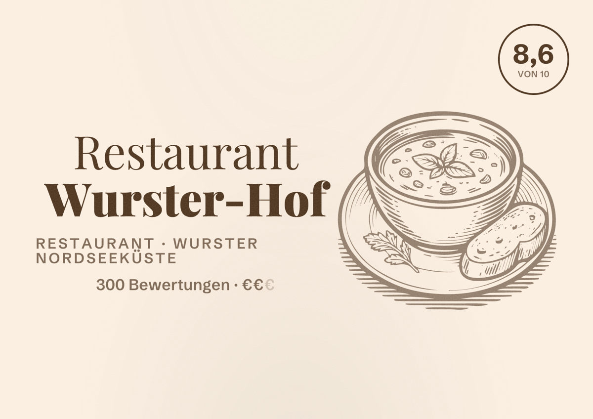 Illustriertes Poster von Restaurant Wurster-Hof, Restaurant in Wurster Nordseeküste: Bewertung 8,6 von 10 aus 300 Bewertungen, Preisniveau €€