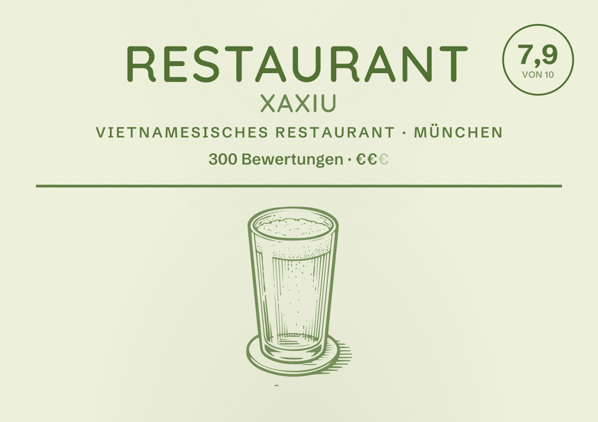 Illustriertes Poster von Restaurant Xaxiu, Vietnamesisches Restaurant in München: Bewertung 7,9 von 10 aus 300 Bewertungen, Preisniveau €€