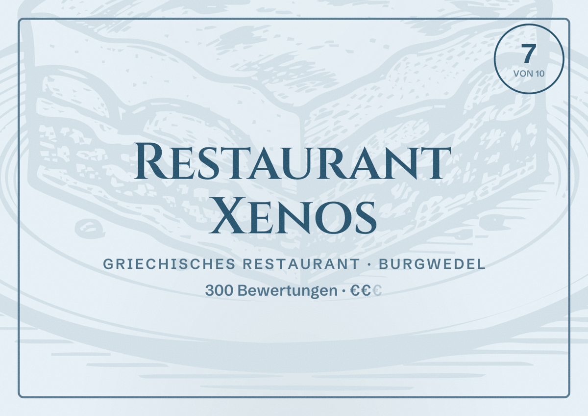 Illustriertes Poster von Restaurant Xenos, Griechisches Restaurant in Burgwedel: Bewertung 7 von 10 aus 300 Bewertungen, Preisniveau €€