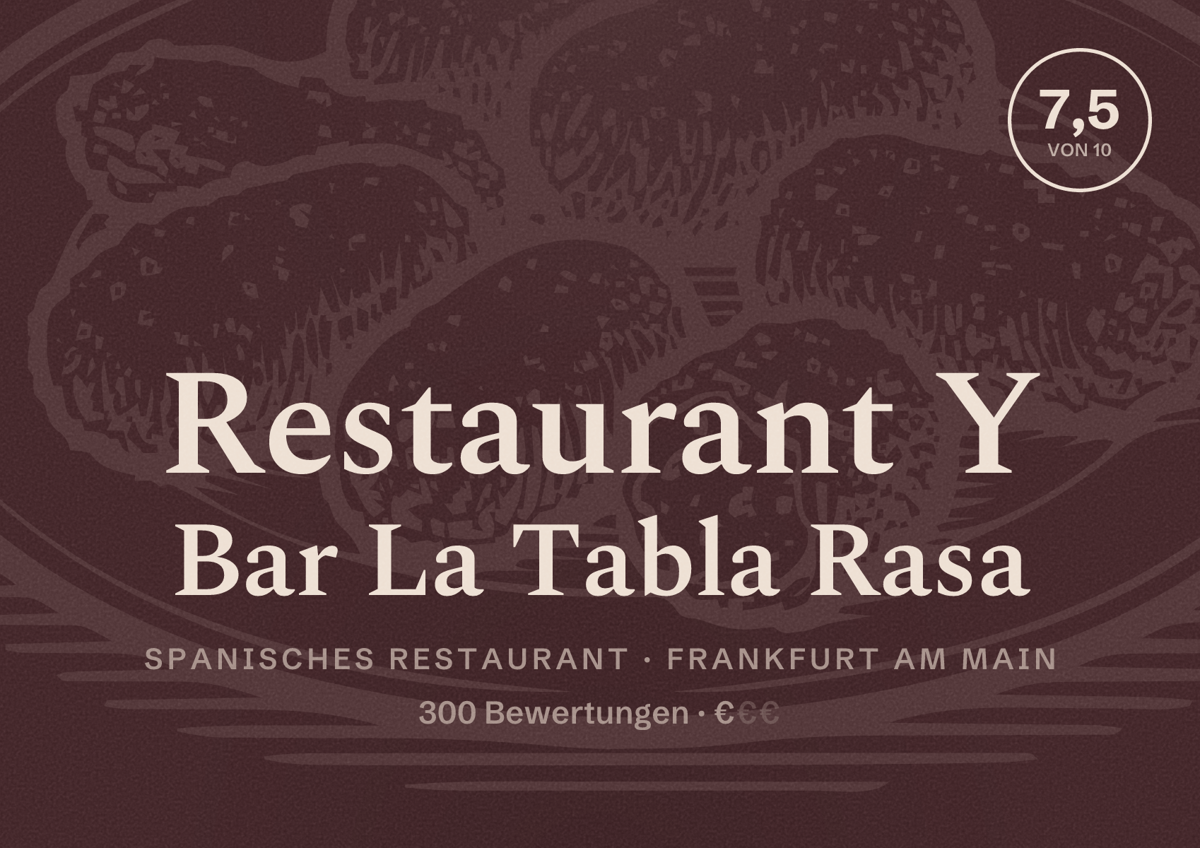 Illustriertes Poster von Restaurant Y Bar La Tabla Rasa, Spanisches Restaurant in Frankfurt am Main: Bewertung 7,5 von 10 aus 300 Bewertungen, Preisniveau €