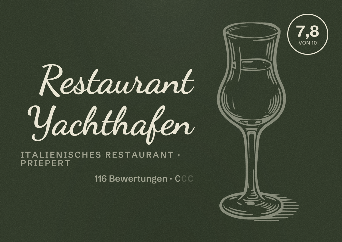Illustriertes Poster von Restaurant Yachthafen, Italienisches Restaurant in Priepert: Bewertung 7,8 von 10 aus 116 Bewertungen, Preisniveau €