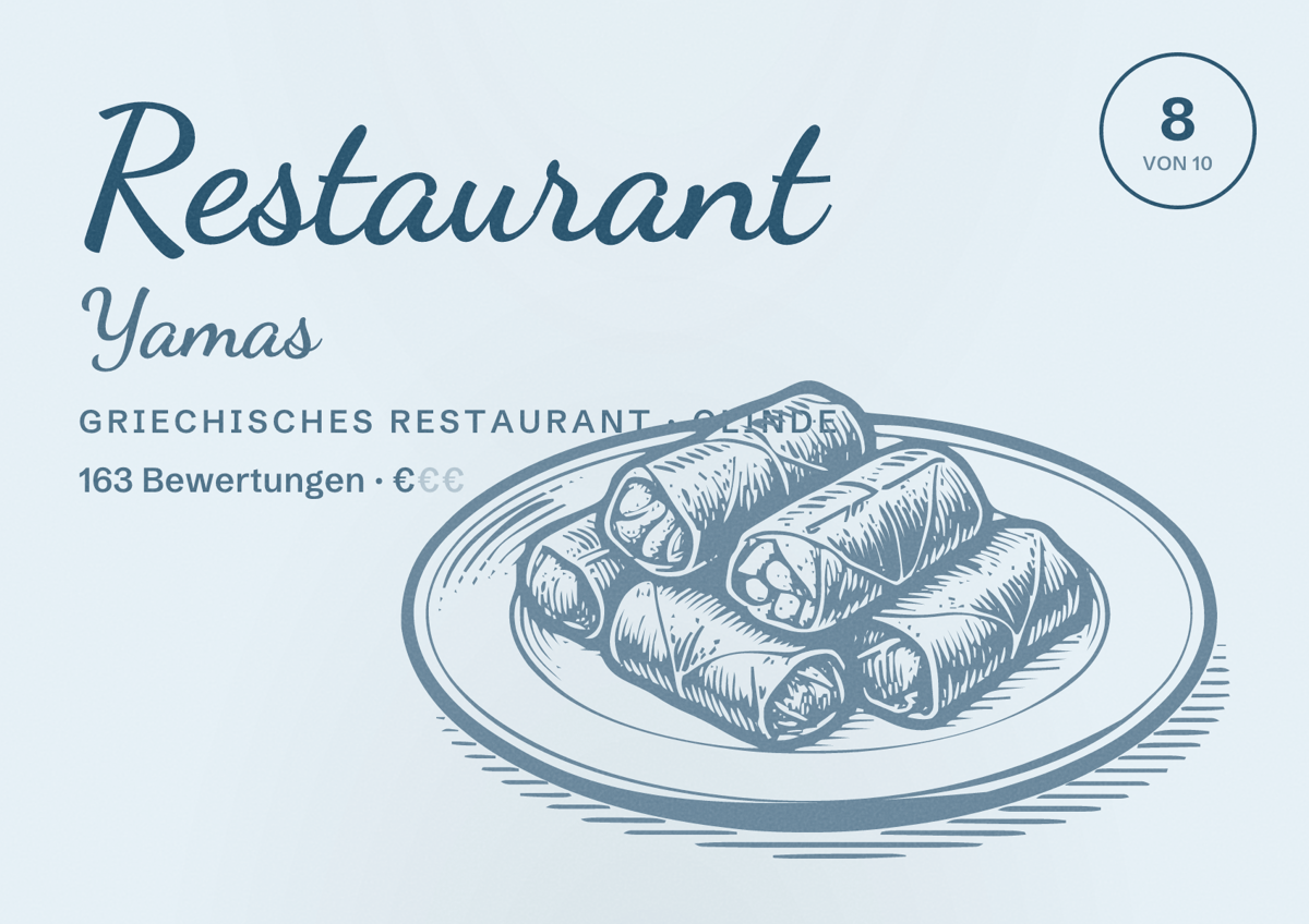 Illustriertes Poster von Restaurant Yamas, Griechisches Restaurant in Glinde: Bewertung 8 von 10 aus 163 Bewertungen, Preisniveau €