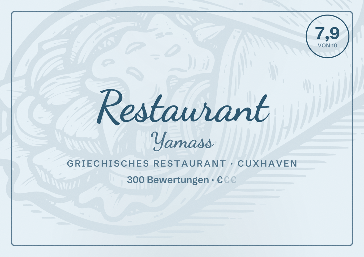 Illustriertes Poster von Restaurant Yamass, Griechisches Restaurant in Cuxhaven: Bewertung 7,9 von 10 aus 300 Bewertungen, Preisniveau €