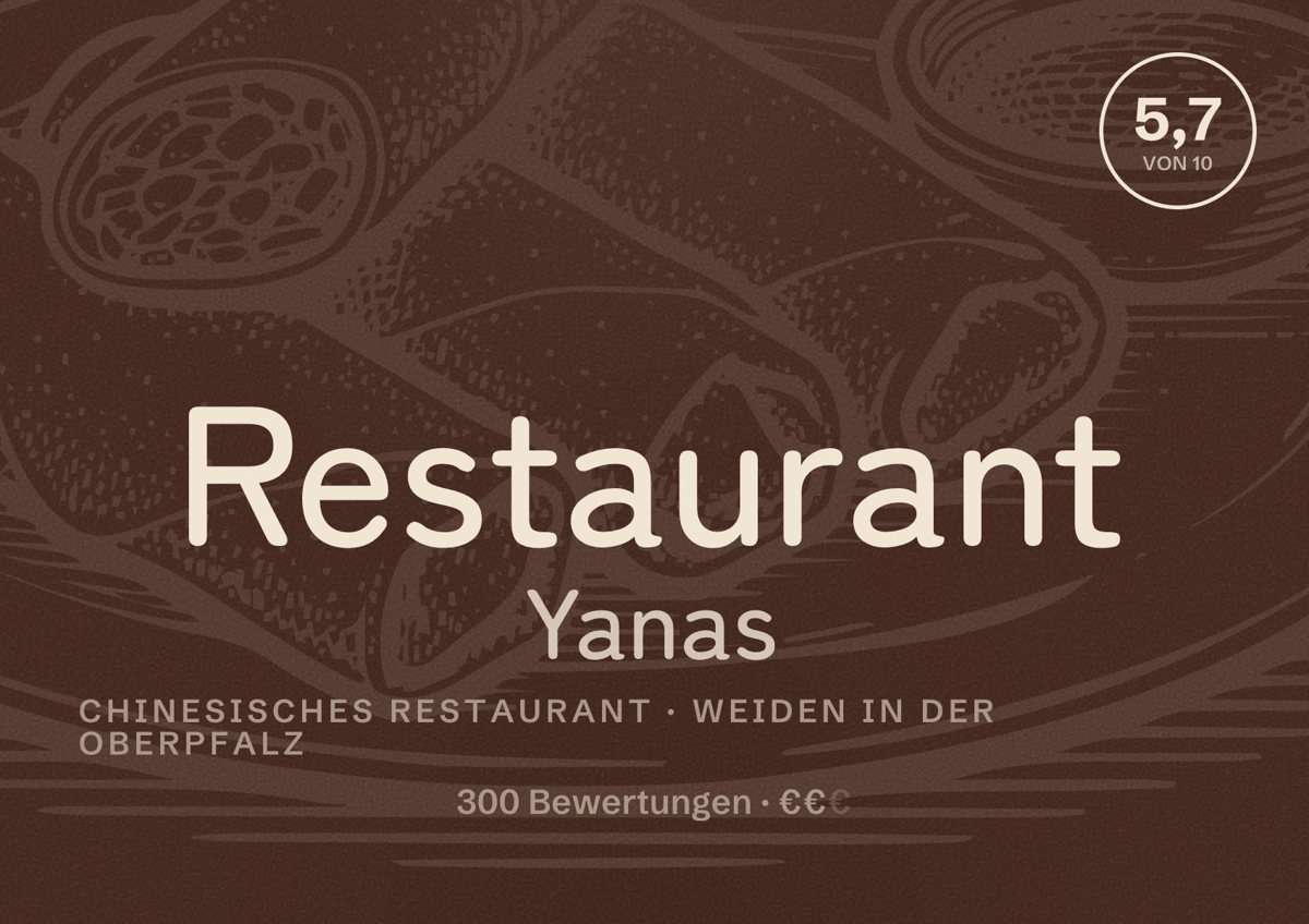 Illustriertes Poster von Restaurant Yanas, Chinesisches Restaurant in Weiden in der Oberpfalz: Bewertung 5,7 von 10 aus 300 Bewertungen, Preisniveau €€