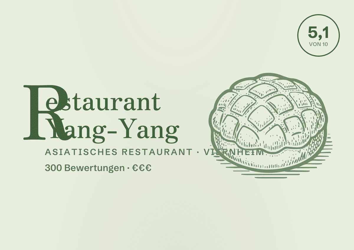 Illustriertes Poster von Restaurant Yang-Yang, Asiatisches Restaurant in Viernheim: Bewertung 5,1 von 10 aus 300 Bewertungen, Preisniveau €€€