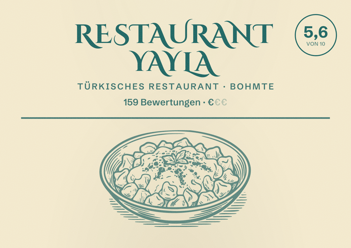 Illustriertes Poster von Restaurant Yayla, Türkisches Restaurant in Bohmte: Bewertung 5,6 von 10 aus 159 Bewertungen, Preisniveau €