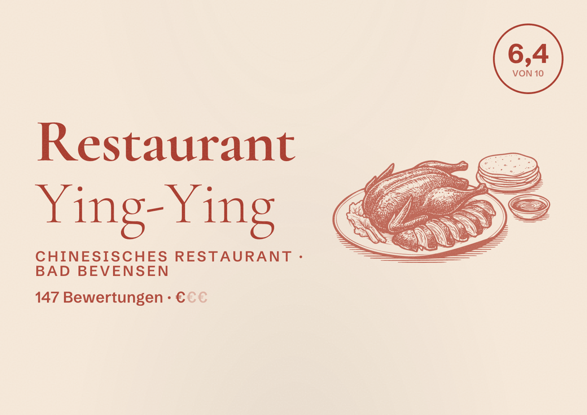 Illustriertes Poster von Restaurant Ying-Ying, Chinesisches Restaurant in Bad Bevensen: Bewertung 6,4 von 10 aus 147 Bewertungen, Preisniveau €