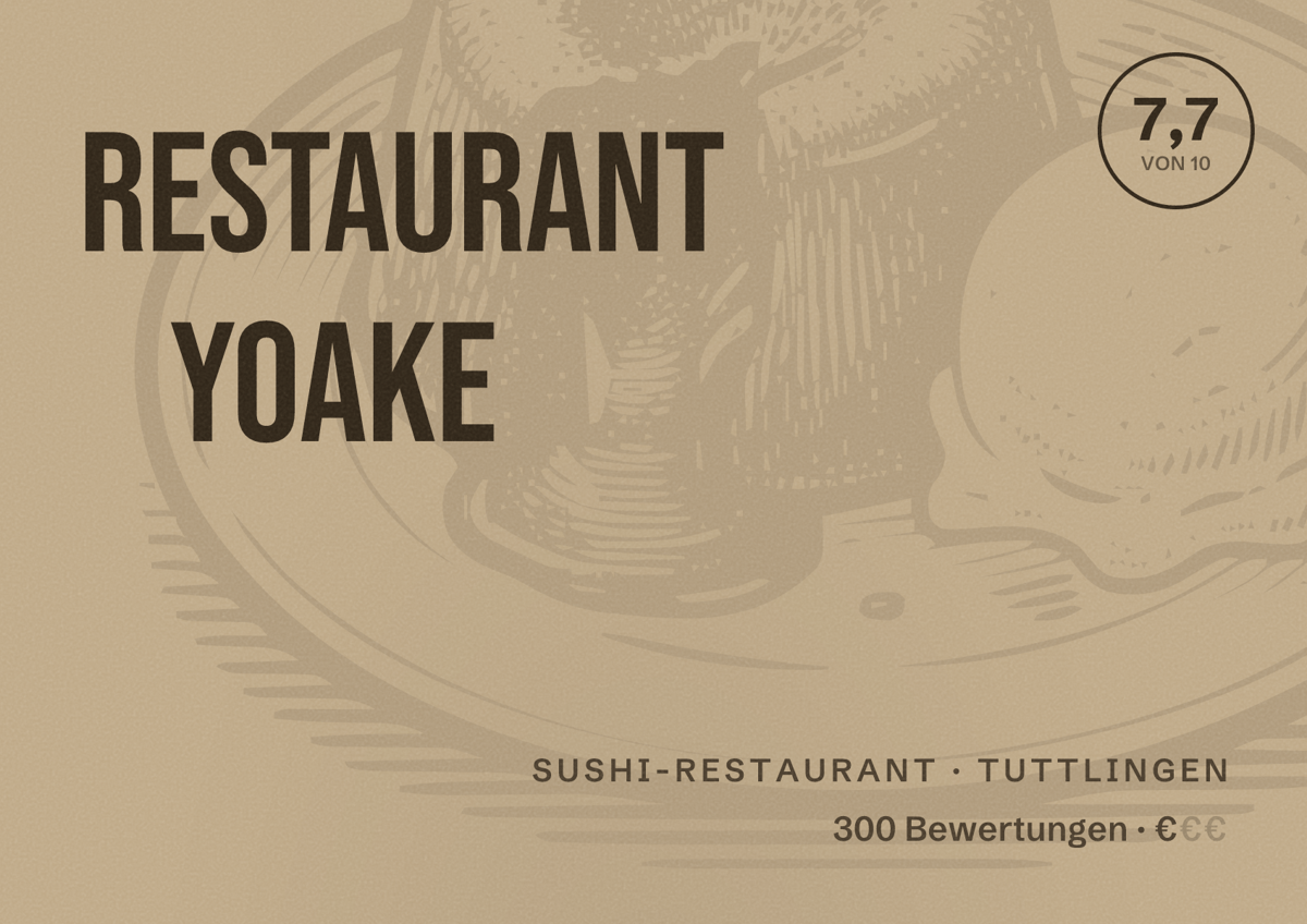 Illustriertes Poster von Restaurant Yoake, Sushi-Restaurant in Tuttlingen: Bewertung 7,7 von 10 aus 300 Bewertungen, Preisniveau €