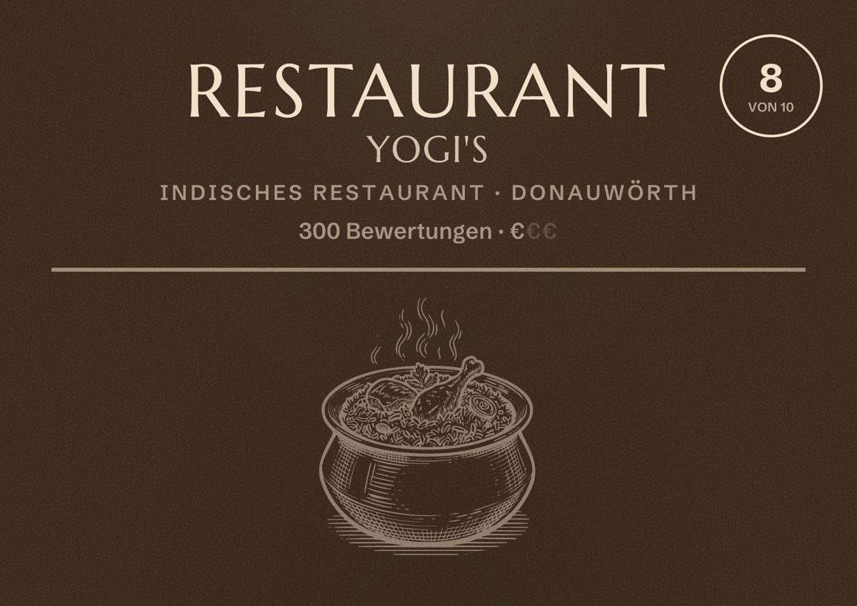Illustriertes Poster von Restaurant Yogi's, Indisches Restaurant in Donauwörth: Bewertung 8 von 10 aus 300 Bewertungen, Preisniveau €