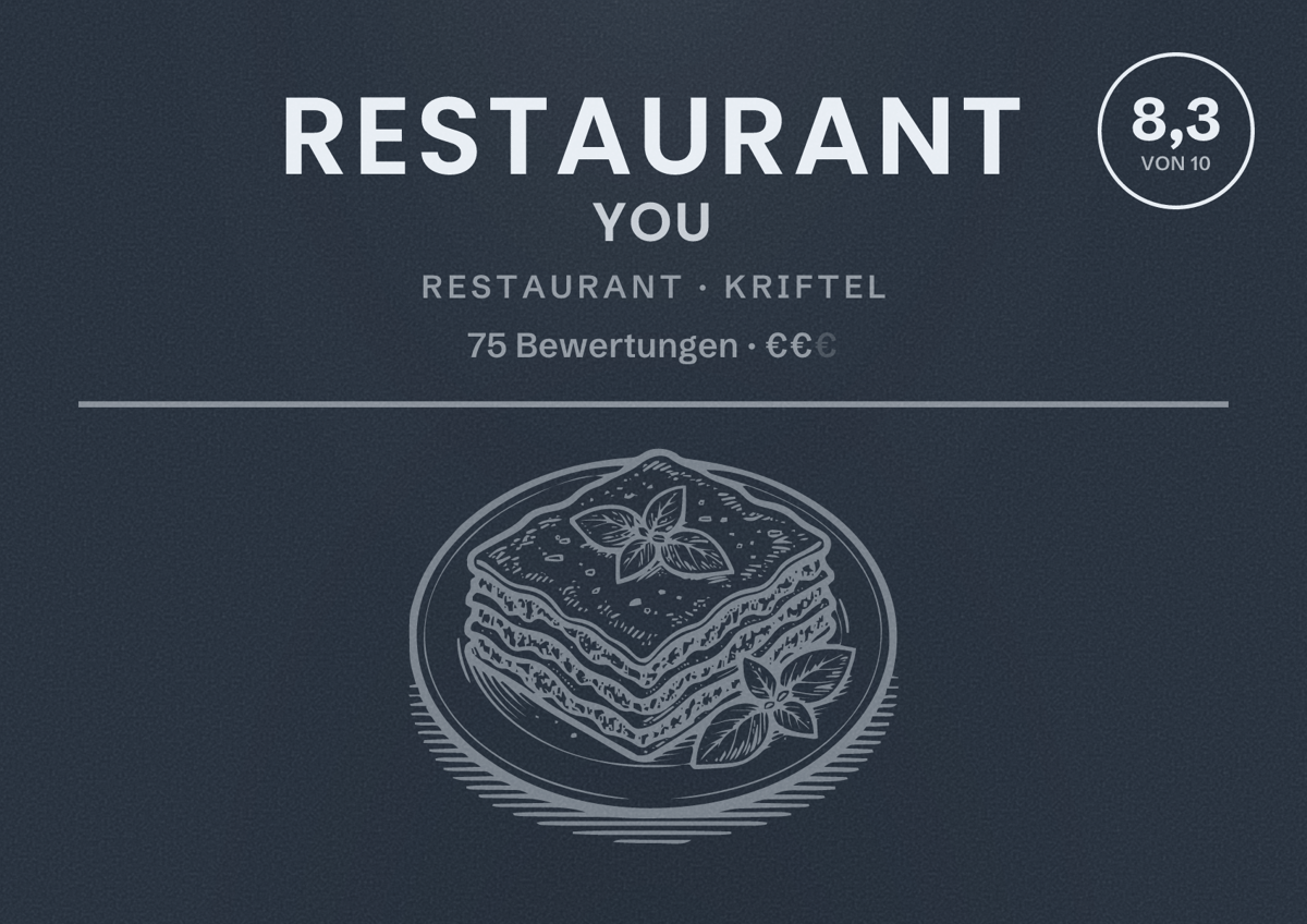 Illustriertes Poster von Restaurant You, Restaurant in Kriftel: Bewertung 8,3 von 10 aus 75 Bewertungen, Preisniveau €€