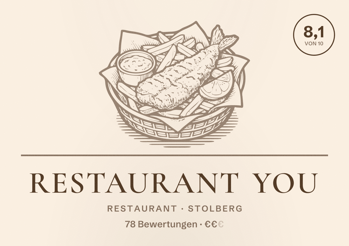 Illustriertes Poster von Restaurant You, Restaurant in Stolberg: Bewertung 8,1 von 10 aus 78 Bewertungen, Preisniveau €€