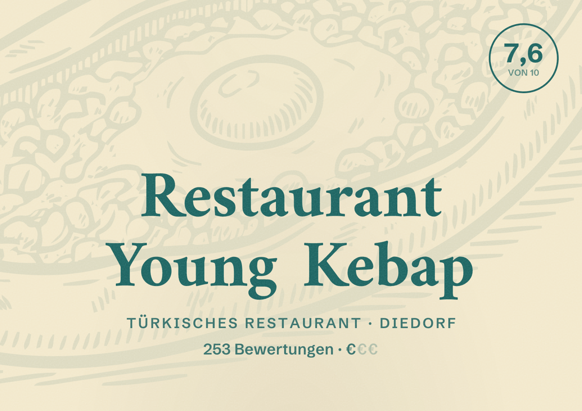 Illustriertes Poster von Restaurant Young Kebap, Türkisches Restaurant in Diedorf: Bewertung 7,6 von 10 aus 253 Bewertungen, Preisniveau €