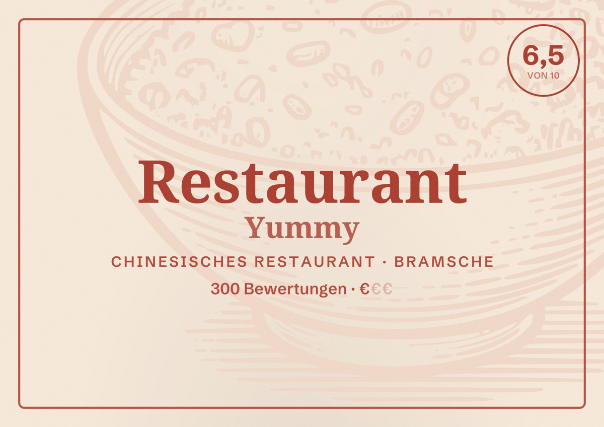 Illustriertes Poster von Restaurant Yummy, Chinesisches Restaurant in Bramsche: Bewertung 6,5 von 10 aus 300 Bewertungen, Preisniveau €