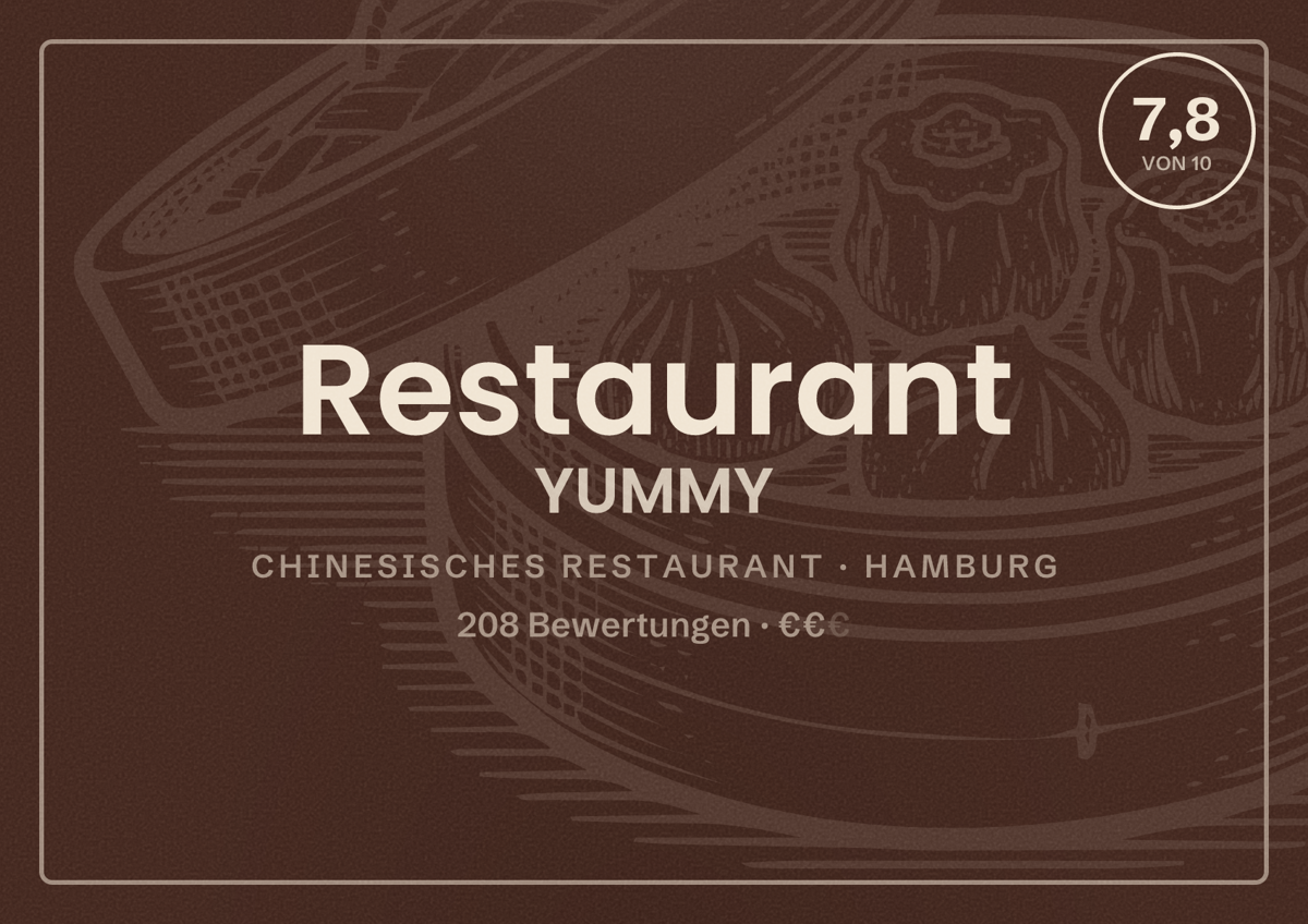 Illustriertes Poster von Restaurant YUMMY, Chinesisches Restaurant in Hamburg: Bewertung 7,8 von 10 aus 208 Bewertungen, Preisniveau €€