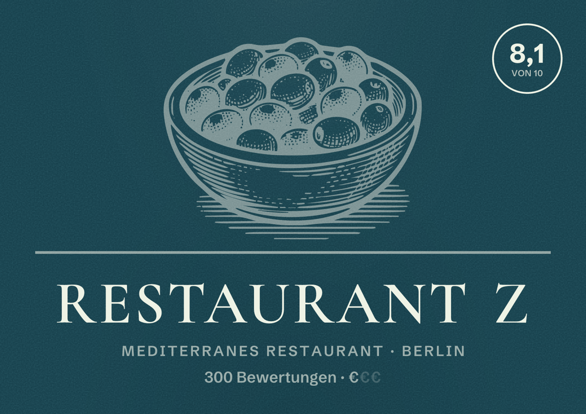Illustriertes Poster von Restaurant Z, Mediterranes Restaurant in Berlin: Bewertung 8,1 von 10 aus 300 Bewertungen, Preisniveau €