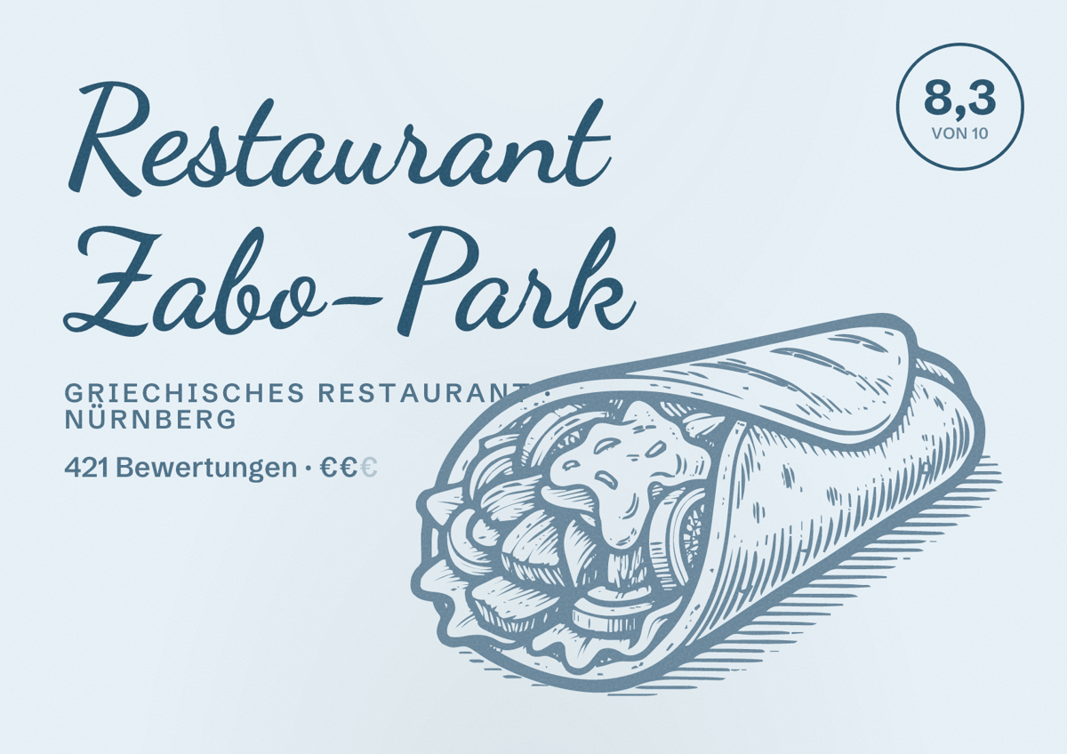 Illustriertes Poster von Restaurant Zabo-Park, Griechisches Restaurant in Nürnberg: Bewertung 8,3 von 10 aus 421 Bewertungen, Preisniveau €€