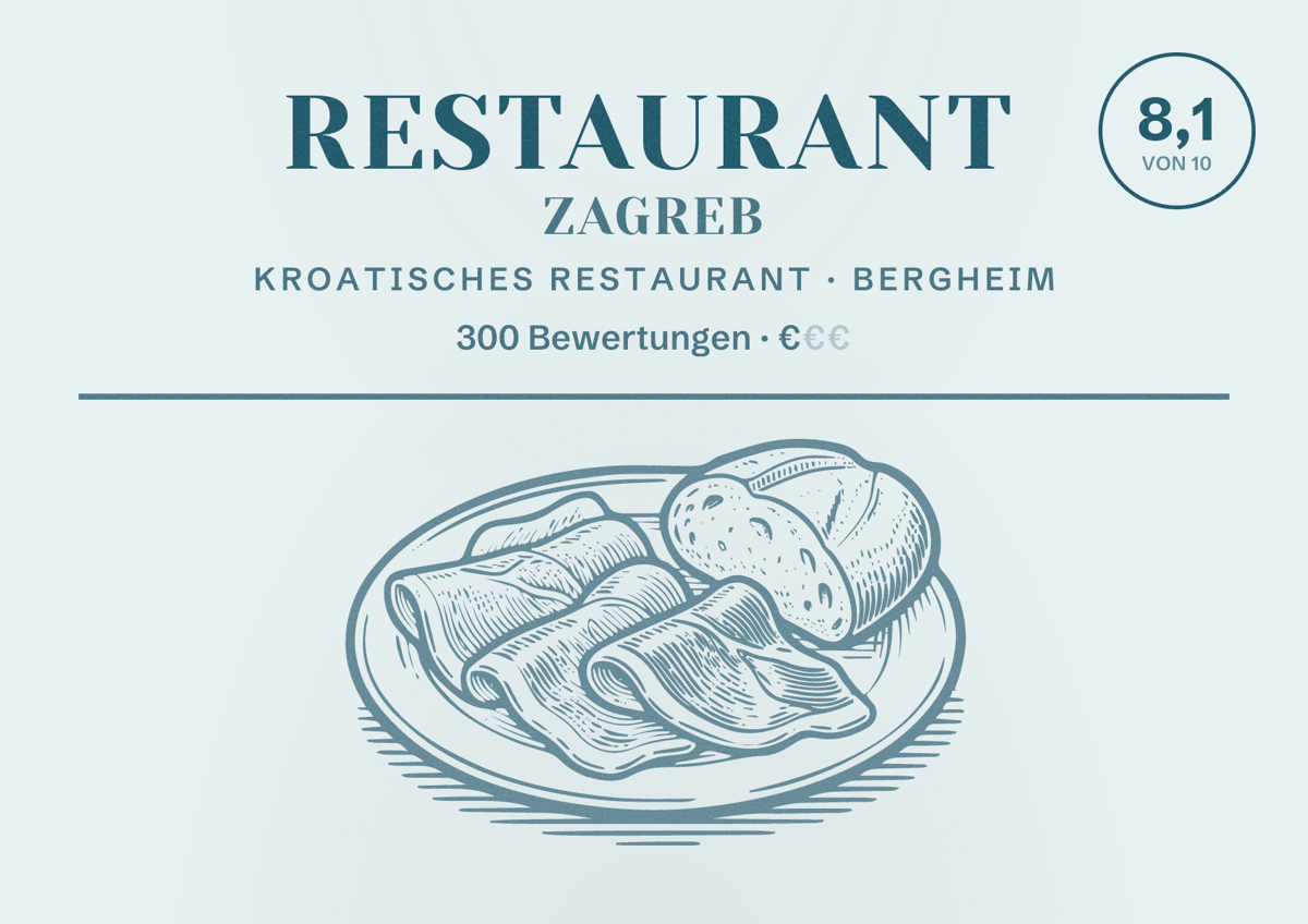 Illustriertes Poster von Restaurant Zagreb, Kroatisches Restaurant in Bergheim: Bewertung 8,1 von 10 aus 300 Bewertungen, Preisniveau €