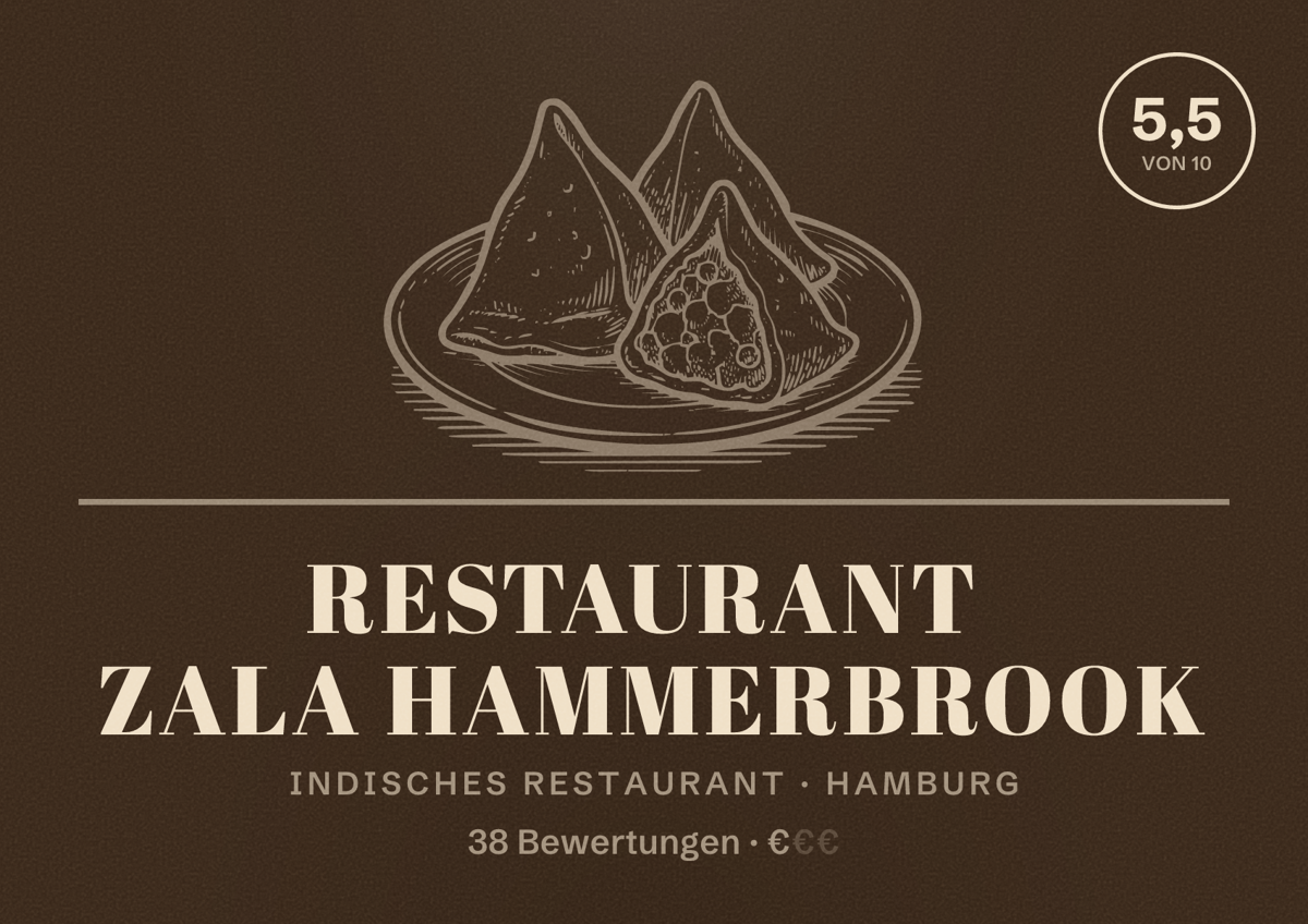 Illustriertes Poster von Restaurant Zala Hammerbrook, Indisches Restaurant in Hamburg: Bewertung 5,5 von 10 aus 38 Bewertungen, Preisniveau €