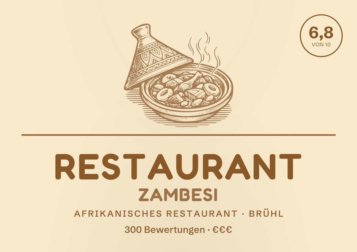 Illustriertes Poster von Restaurant Zambesi, Afrikanisches Restaurant in Brühl: Bewertung 6,8 von 10 aus 300 Bewertungen, Preisniveau €€€