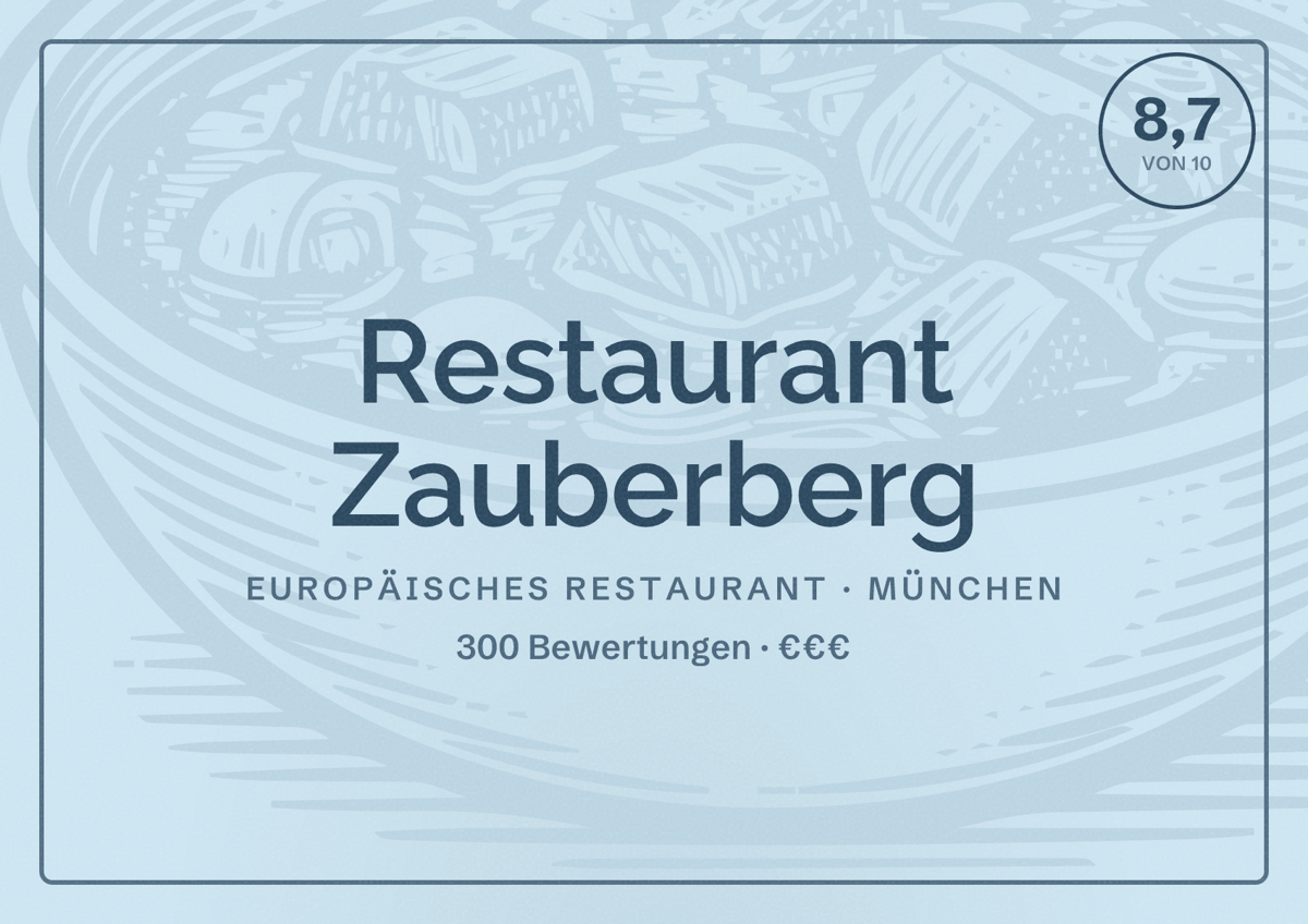 Illustriertes Poster von Restaurant Zauberberg, Europäisches Restaurant in München: Bewertung 8,7 von 10 aus 300 Bewertungen, Preisniveau €€€