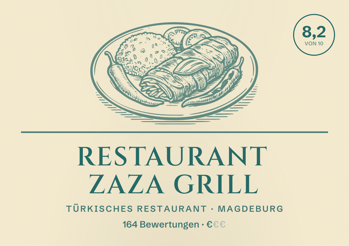 Illustriertes Poster von Restaurant Zaza Grill, Türkisches Restaurant in Magdeburg: Bewertung 8,2 von 10 aus 164 Bewertungen, Preisniveau €