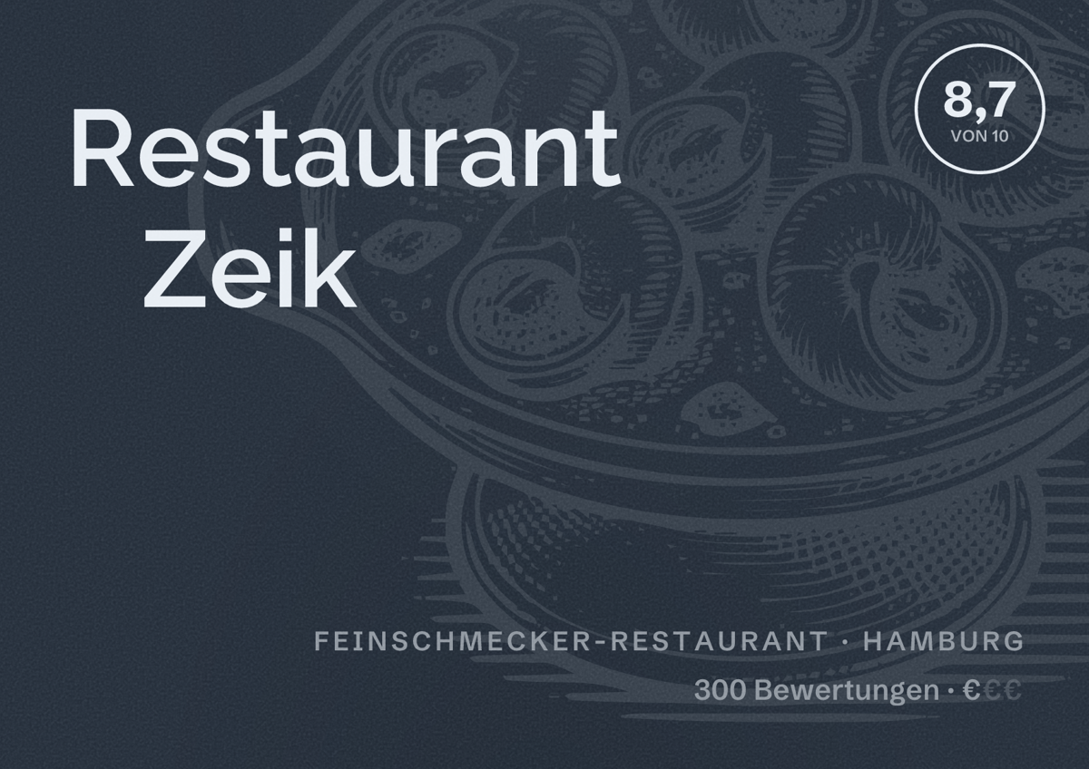 Illustriertes Poster von Restaurant Zeik, Feinschmecker-Restaurant in Hamburg: Bewertung 8,7 von 10 aus 300 Bewertungen, Preisniveau €