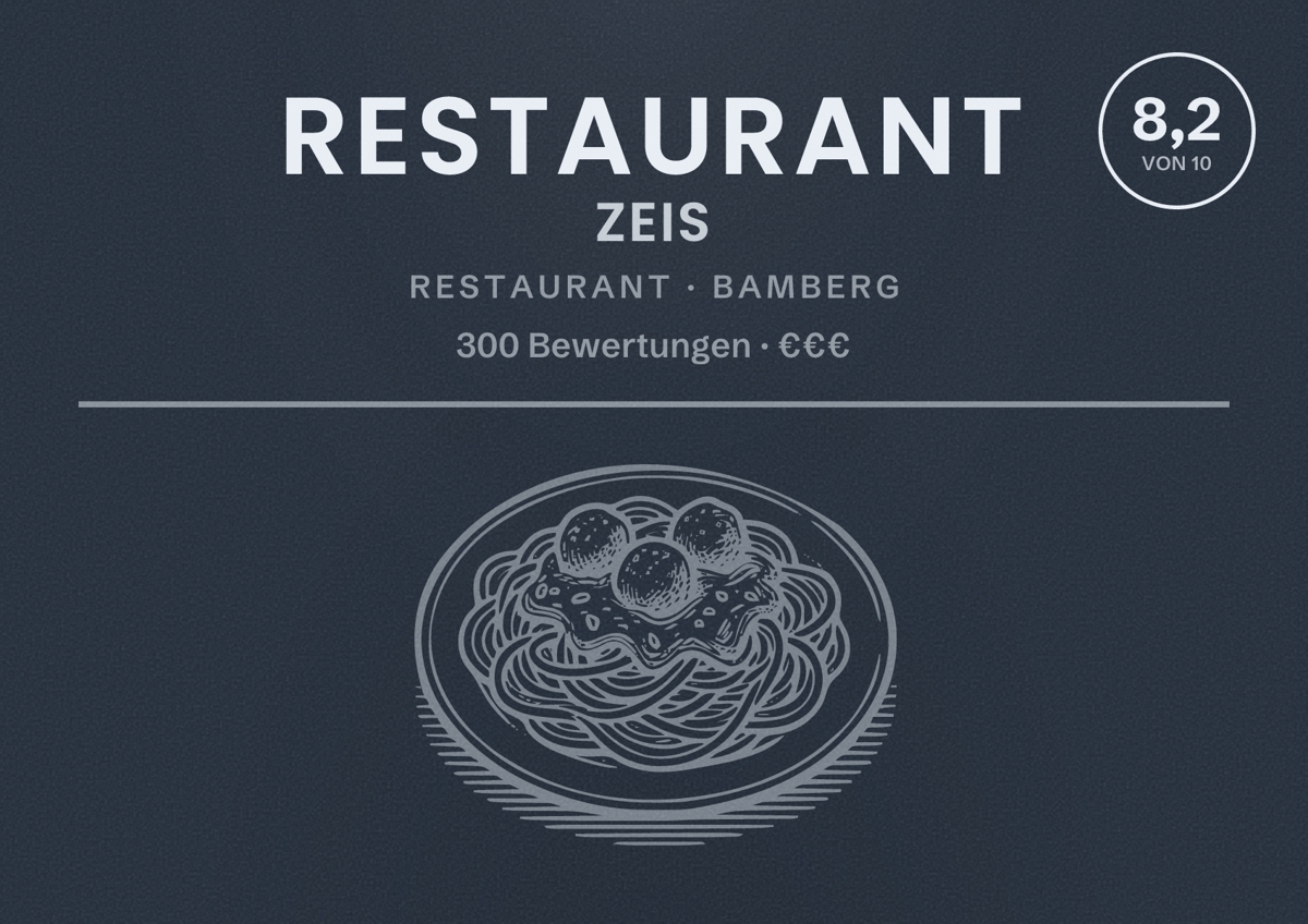 Illustriertes Poster von Restaurant Zeis, Restaurant in Bamberg: Bewertung 8,2 von 10 aus 300 Bewertungen, Preisniveau €€€