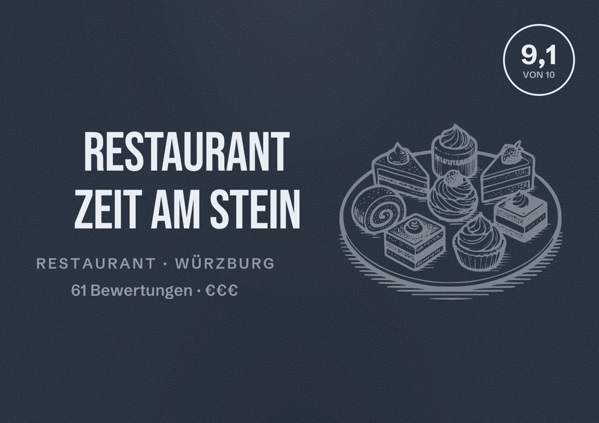 Illustriertes Poster von Restaurant Zeit am Stein, Restaurant in Würzburg: Bewertung 9,1 von 10 aus 61 Bewertungen, Preisniveau €€€
