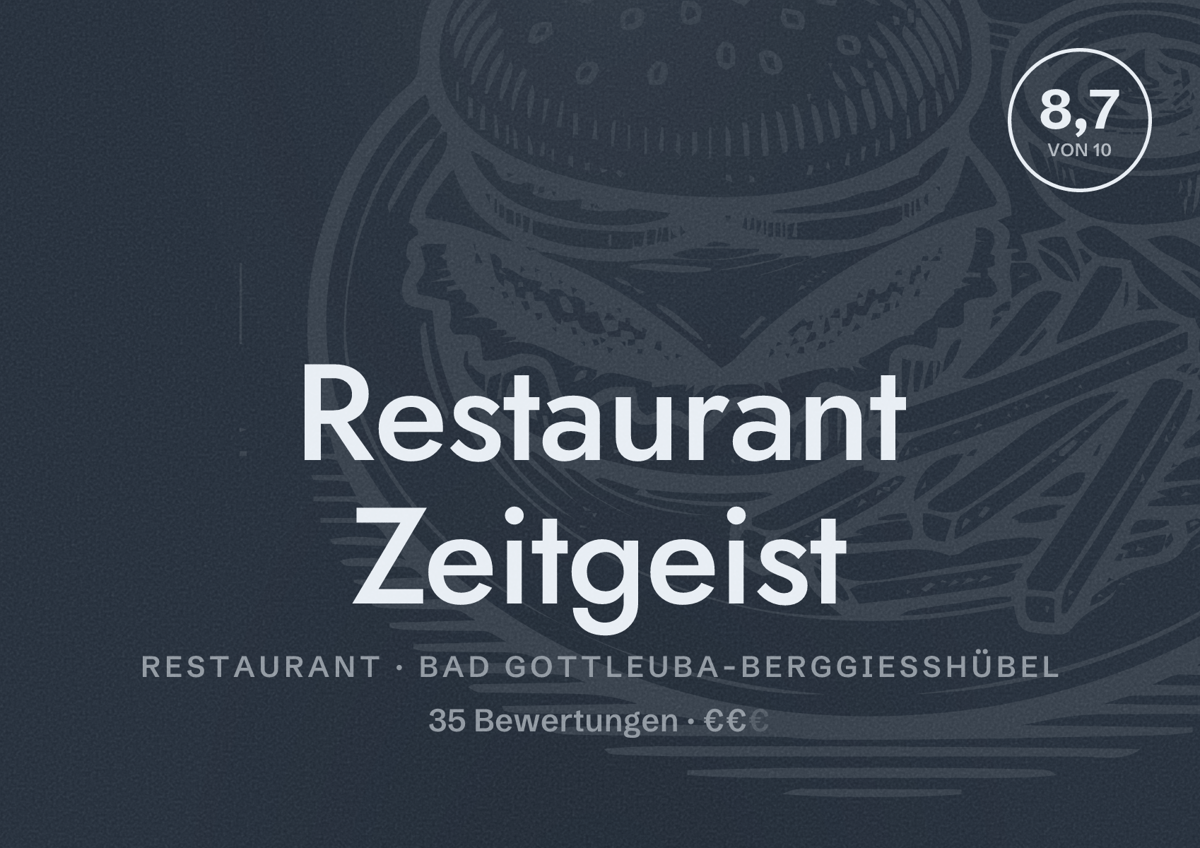 Illustriertes Poster von Restaurant Zeitgeist, Restaurant in Bad Gottleuba-Berggießhübel: Bewertung 8,7 von 10 aus 35 Bewertungen, Preisniveau €€