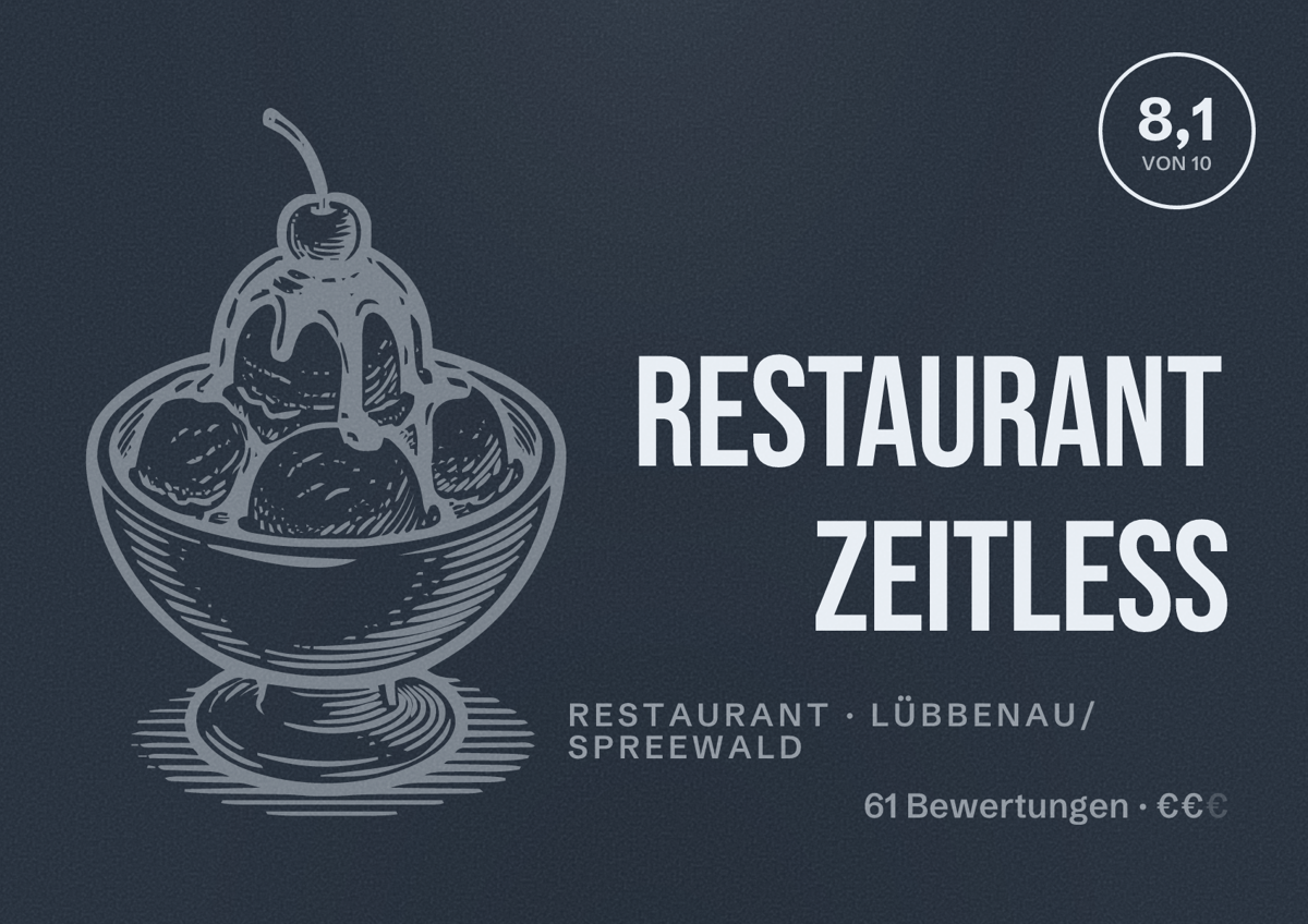 Illustriertes Poster von Restaurant Zeitless, Restaurant in Lübbenau/Spreewald: Bewertung 8,1 von 10 aus 61 Bewertungen, Preisniveau €€