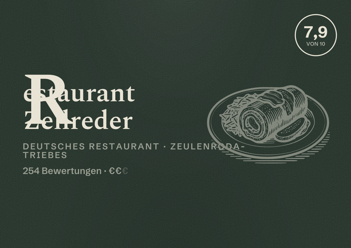 Illustriertes Poster von Restaurant Zellreder, Deutsches Restaurant in Zeulenroda-Triebes: Bewertung 7,9 von 10 aus 254 Bewertungen, Preisniveau €€