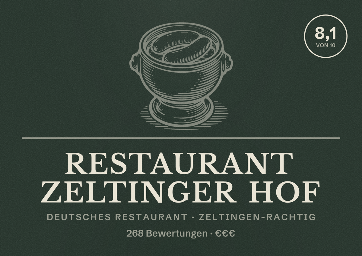 Illustriertes Poster von Restaurant Zeltinger Hof, Deutsches Restaurant in Zeltingen-Rachtig: Bewertung 8,1 von 10 aus 268 Bewertungen, Preisniveau €€€