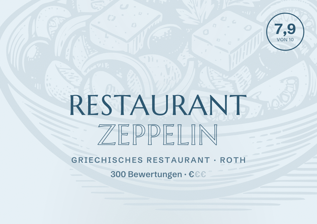 Illustriertes Poster von Restaurant Zeppelin, Griechisches Restaurant in Roth: Bewertung 7,9 von 10 aus 300 Bewertungen, Preisniveau €