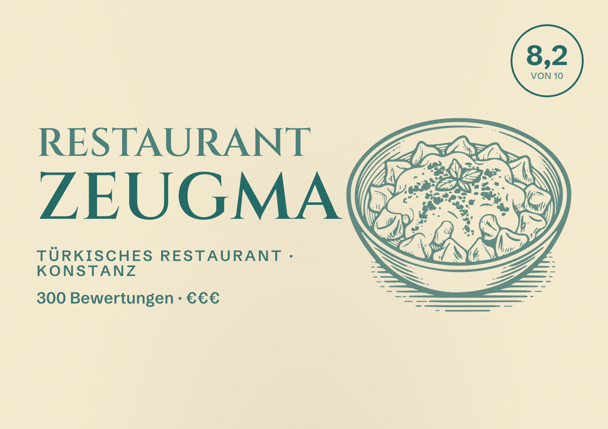 Illustriertes Poster von Restaurant Zeugma, Türkisches Restaurant in Konstanz: Bewertung 8,2 von 10 aus 300 Bewertungen, Preisniveau €€€