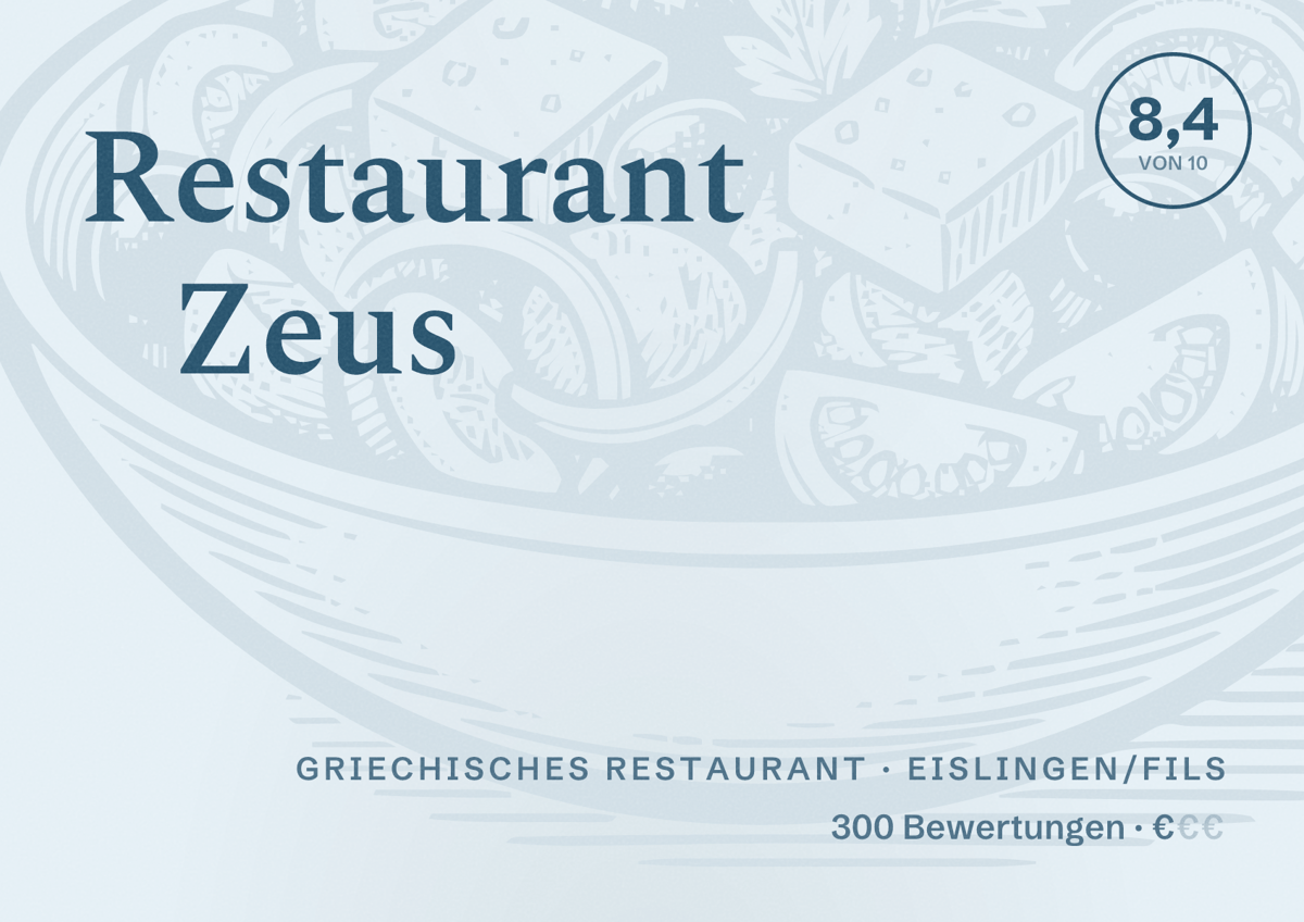 Illustriertes Poster von Restaurant Zeus, Griechisches Restaurant in Eislingen/Fils: Bewertung 8,4 von 10 aus 300 Bewertungen, Preisniveau €
