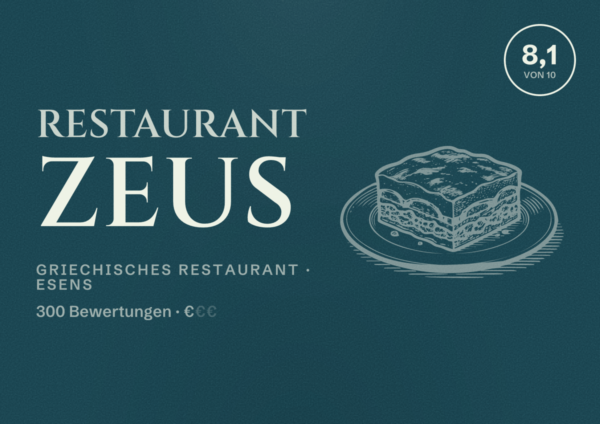 Illustriertes Poster von Restaurant Zeus, Griechisches Restaurant in Esens: Bewertung 8,1 von 10 aus 300 Bewertungen, Preisniveau €