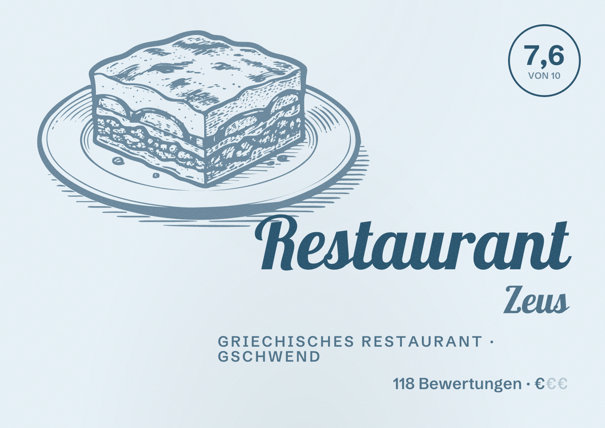 Illustriertes Poster von Restaurant Zeus, Griechisches Restaurant in Gschwend: Bewertung 7,6 von 10 aus 118 Bewertungen, Preisniveau €