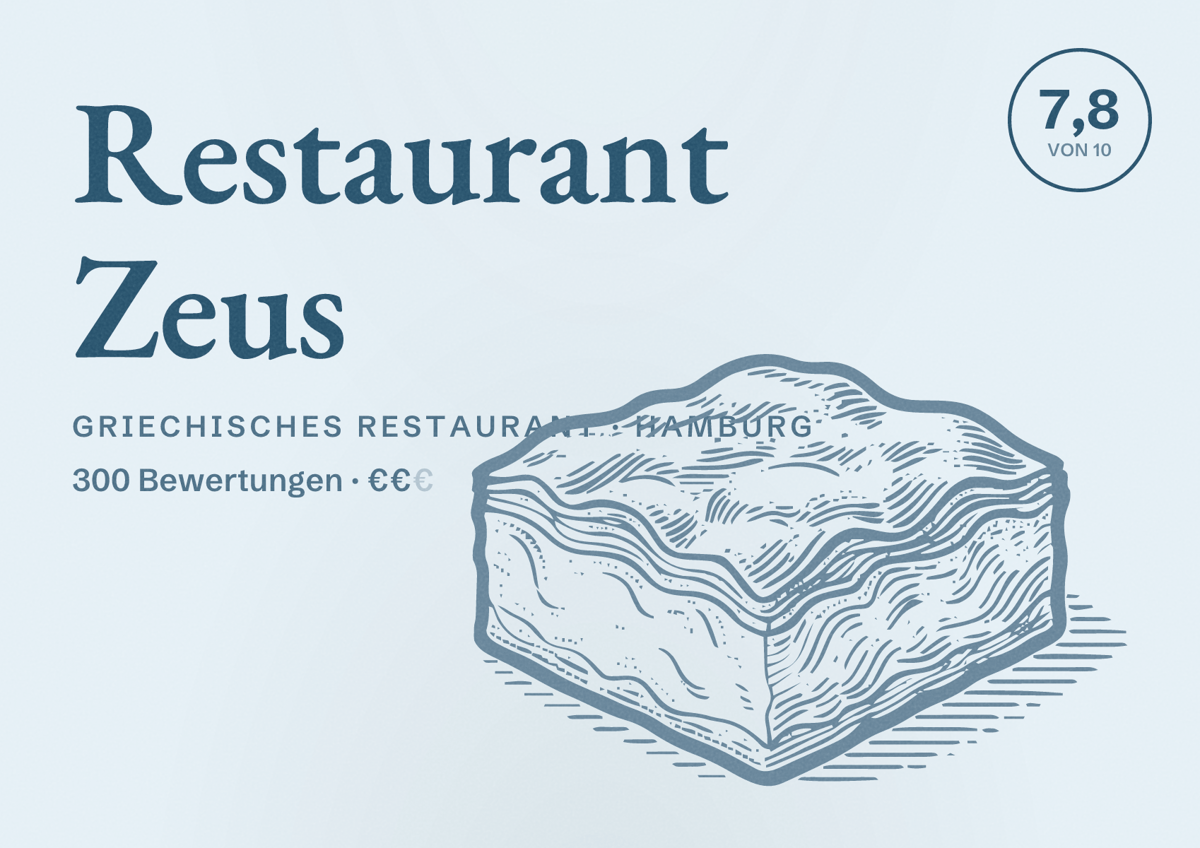 Illustriertes Poster von Restaurant Zeus, Griechisches Restaurant in Hamburg: Bewertung 7,8 von 10 aus 300 Bewertungen, Preisniveau €€