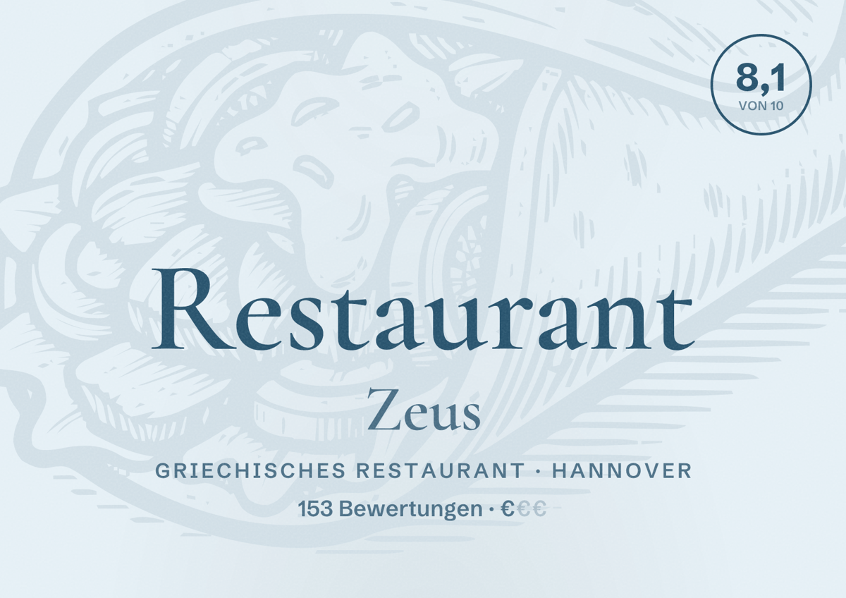 Illustriertes Poster von Restaurant Zeus, Griechisches Restaurant in Hannover: Bewertung 8,1 von 10 aus 153 Bewertungen, Preisniveau €