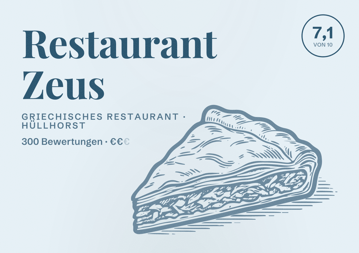Illustriertes Poster von Restaurant Zeus, Griechisches Restaurant in Hüllhorst: Bewertung 7,1 von 10 aus 300 Bewertungen, Preisniveau €€