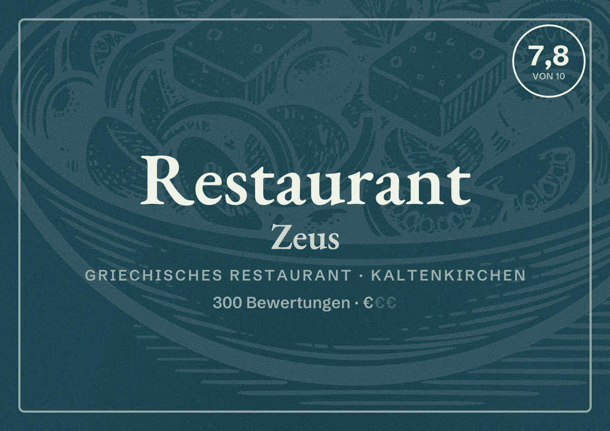 Illustriertes Poster von Restaurant Zeus, Griechisches Restaurant in Kaltenkirchen: Bewertung 7,8 von 10 aus 300 Bewertungen, Preisniveau €