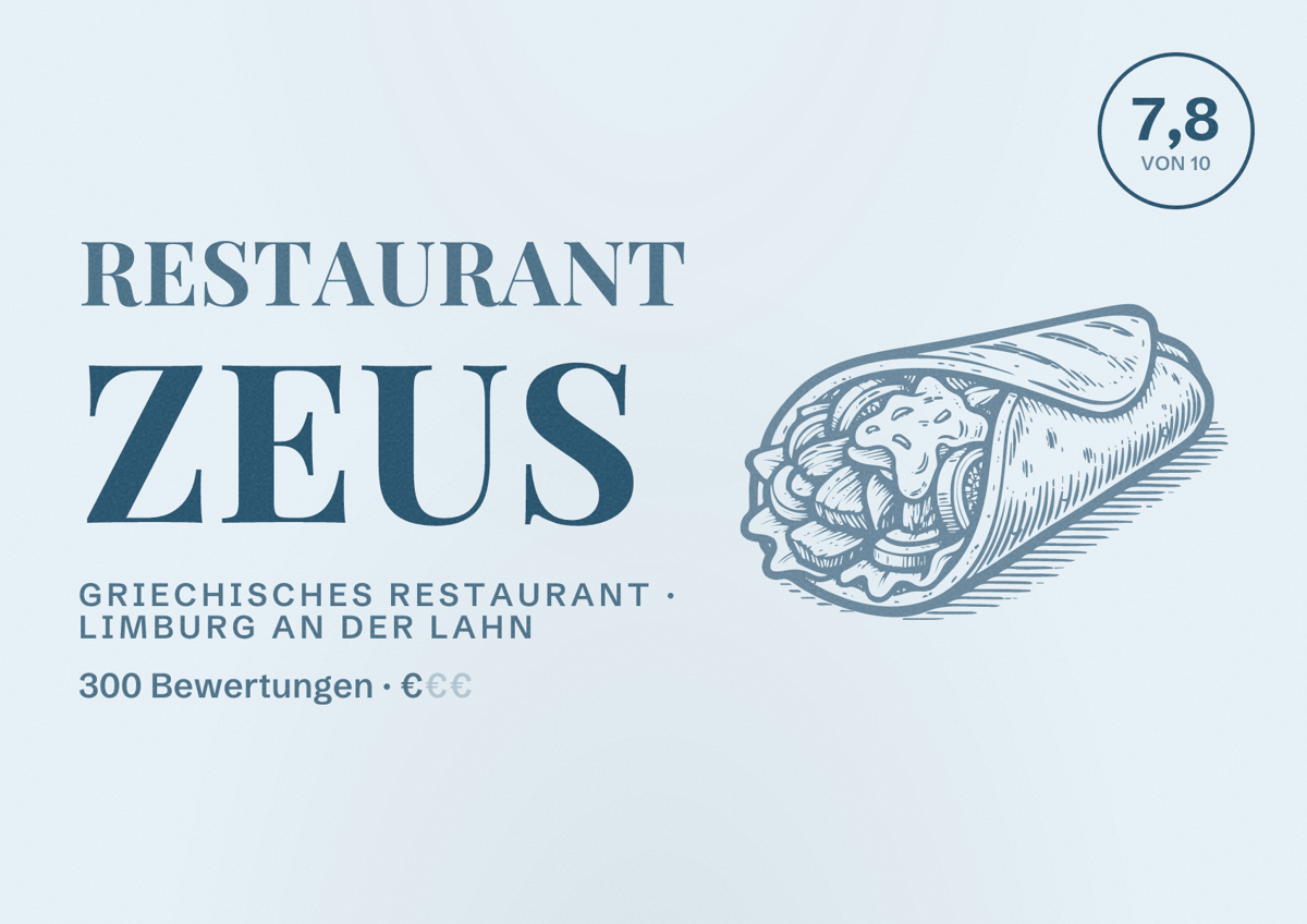Illustriertes Poster von Restaurant Zeus, Griechisches Restaurant in Limburg an der Lahn: Bewertung 7,8 von 10 aus 300 Bewertungen, Preisniveau €